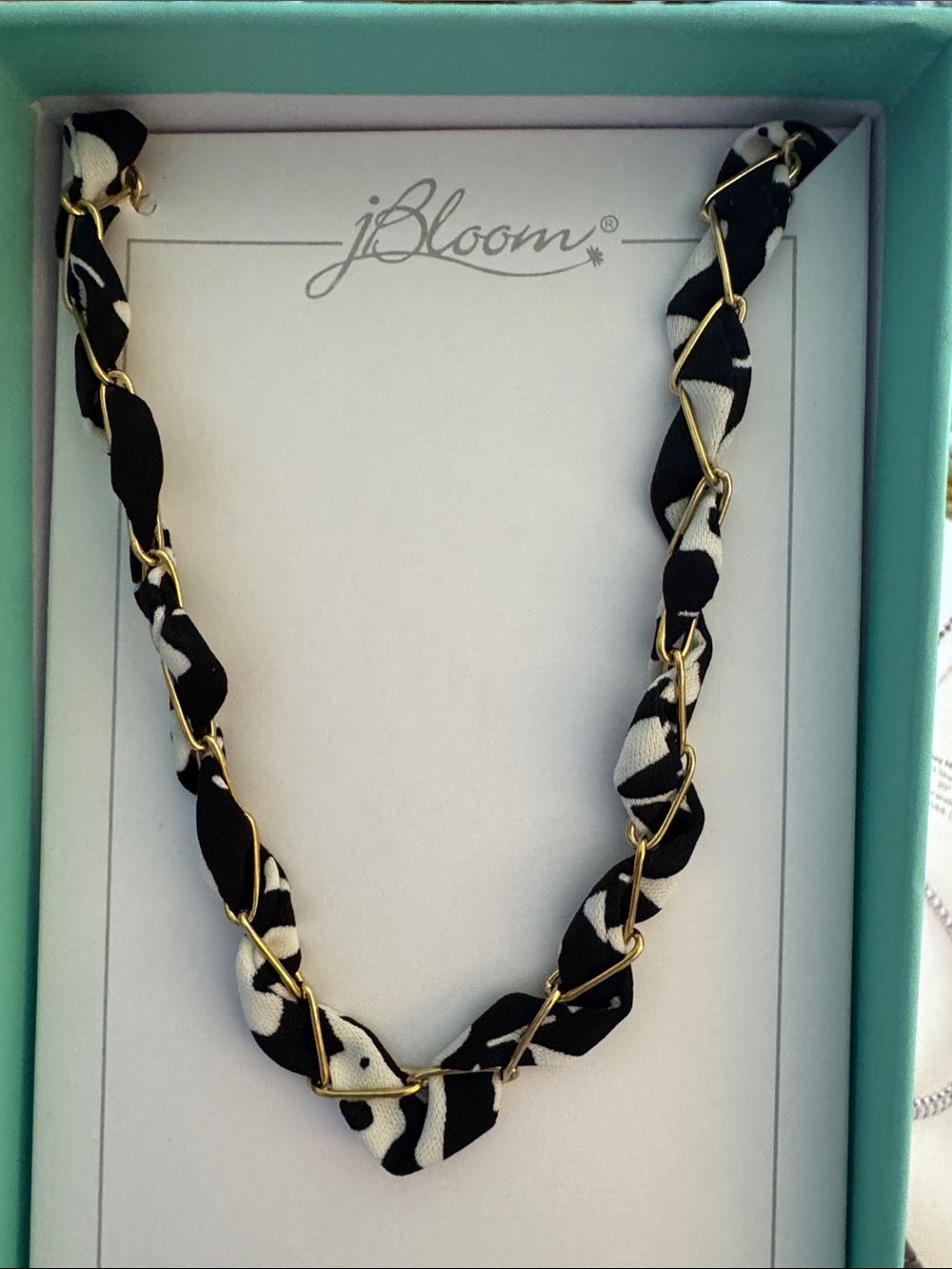 bloom Black and White Braided Fabric Necklace with Gold Stainless Chain Jewelry